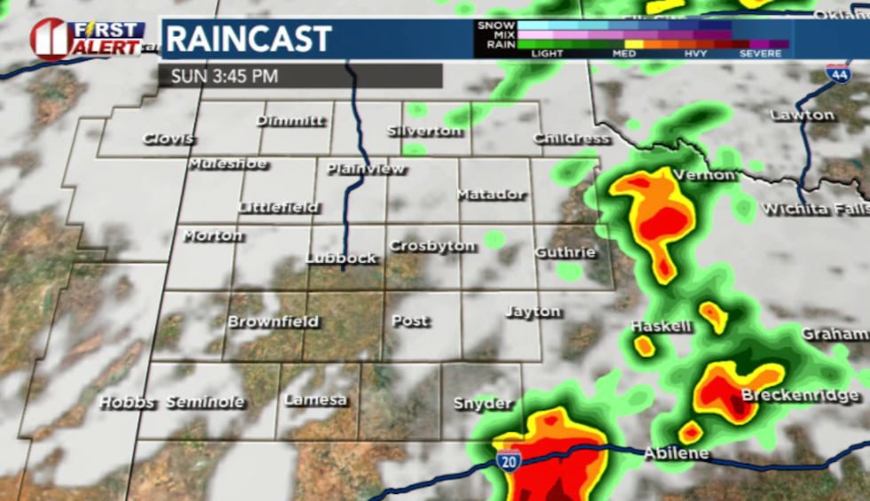 Scattered storms around 3:45 PM mainly to the east
