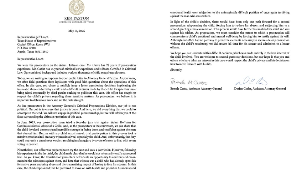 Letter from Paxton's office written by assistant attorney generals Brenda Cantu and Dorian Cotlar