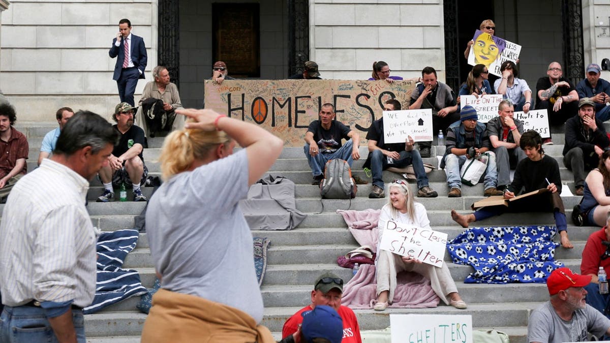 Protestors from advocate groups and the homeless community gathering outside Portland City Hall