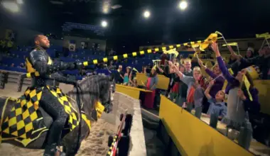 Jousting knight in armor on horseback at Medieval Times Dinner and Tournament