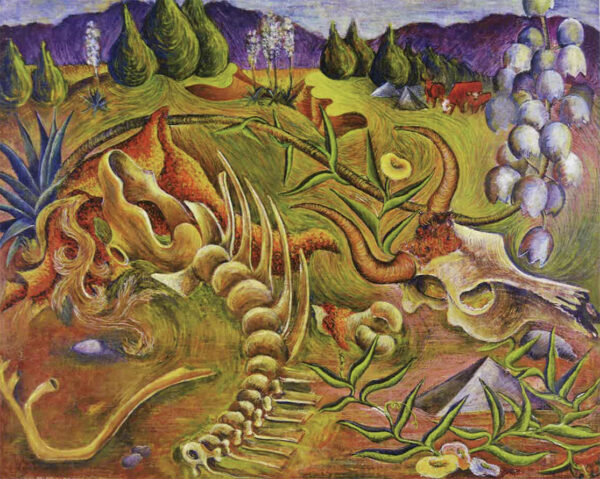 A painting by Mildred Norris Compton of animal bones on the prairie with a mesa in the background.