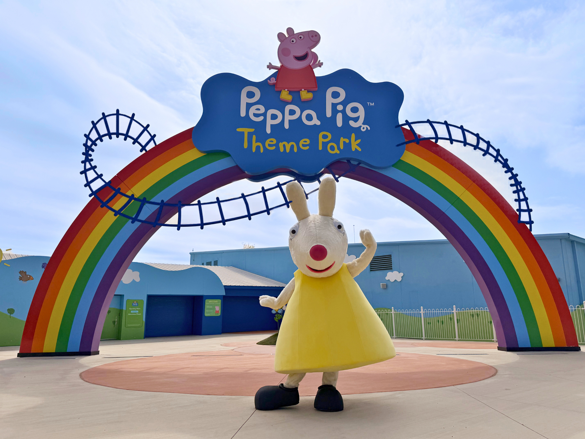 Miss Rabbit character at entrance to Peppa Pig Theme Park Dallas - photo by Merlin Entertainment