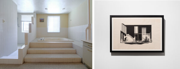 Side-by-side images of a bathroom and an architectural lithograph by Corren Spellman.