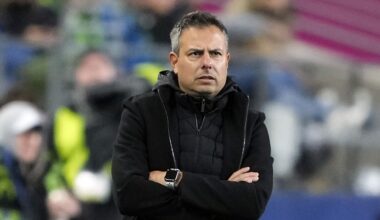 FC Dallas head coach Nico Estévez looks on from the sideline during the first half of Game 3 of a first round playoff MLS soccer match against the Seattle Sounders, Nov. 10, 2023, in Seattle. (AP Photo/Lindsey Wasson)