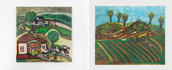 Side-by-side paintings of outdoor scenes by Rev. Johnnie Swearingen.