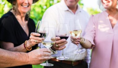 Four adults smiling and clinking glasses of red and white wine outdoors, surrounded by greenery, celebrate the good life—just another reason to eat in Texas and savor unforgettable moments together.