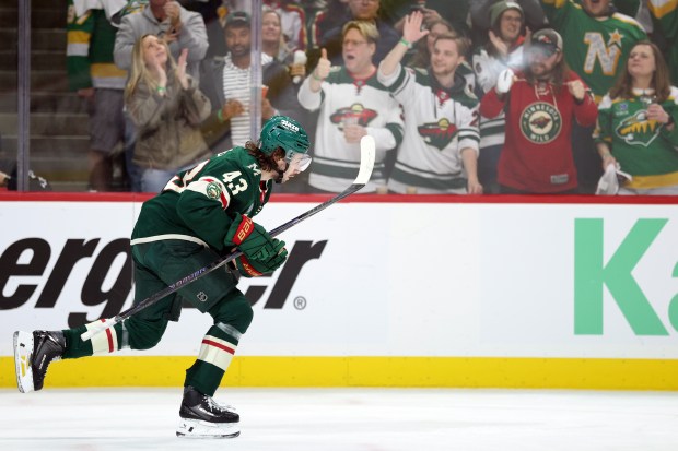 Quinn Hughes #43 of the Minnesota Wild celebrates a goal after scoring a goal against the Dallas Stars during the first period in Game Six of the First Round of the 2026 Stanley Cup Playoffs at Grand Casino Arena on April 30, 2026 in St Paul, Minnesota. (Photo by David Berding/Getty Images)