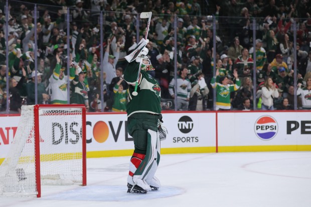 Minnesota Wild goaltender Jesper Wallstedt celebrates after right wing Vladimir Tarasenko scores during the second period of Game 6 in the first round of the NHL hockey Stanley Cup playoff series against the Dallas Stars,Thursday, April 30, 2026, in St. Paul, Minn. (AP Photo/Bailey Hillesheim)