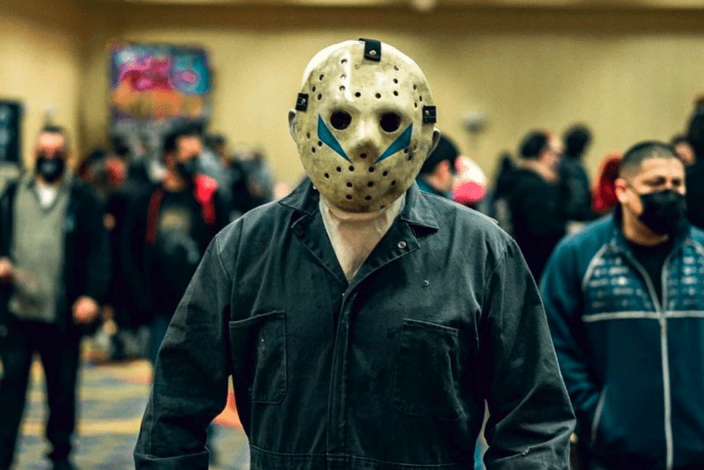 Image shows a man dressed up as Jason from Friday The 13th at the Houston Horror Film Fest.