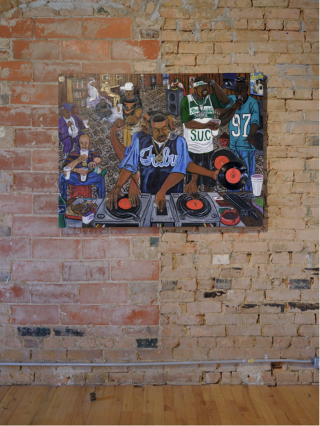 A painting of DJ Screw in front of a turntable at a party.