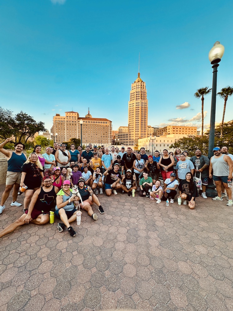 Walkers take a pause for a photo in Southtown.