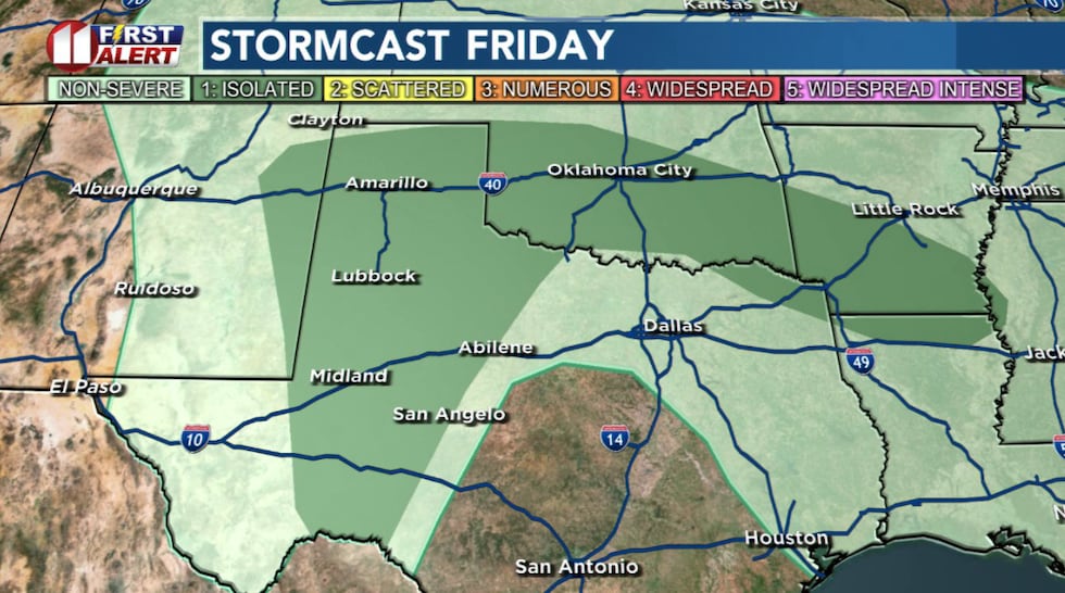 Scattered storms may bring a slight severe threat late Friday.