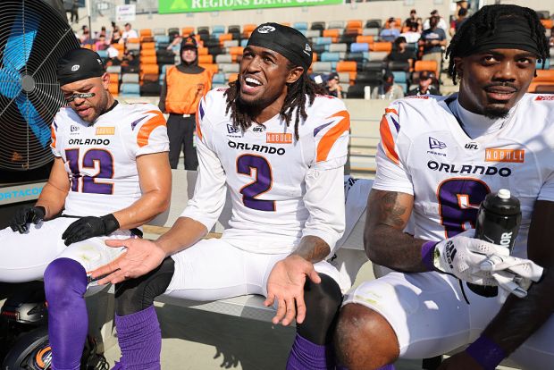Receiver Elijhah Badger (2) of the Orlando Storm, flanked by teammates Chris Rowland (12) and Jashaun Corbin (6), reacts after his touchdown against the Houston Gamblers during the first quarter at Shell Energy Stadium on May 10, 2026 in Houston, Texas. (Photo by Tim Warner/UFL/Getty Images)