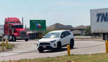 Trucks shipping goods across the U.S.-Mexico border in Laredo, Texas. (Spectrum News 1/Amber Hughes)
