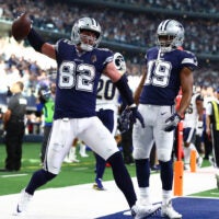 Dec 15, 2019; Arlington, TX, USA; Dallas Cowboys tight end Jason Witten (82) spikes to ball while celebrating his first quarter touchdown with receiver Amari Cooper (19) against the Los Angeles Rams at AT&T Stadium.