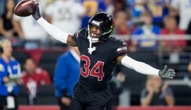 Oct 21, 2024; Glendale, Arizona, USA; Arizona Cardinals safety Jalen Thompson (34) celebrates after recovering a fumble from the Los Angeles Chargers in the first half at State Farm Stadium.