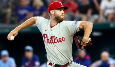 Aug 10, 2025; Arlington, Texas, USA; Philadelphia Phillies starting pitcher Zack Wheeler (45) throws during the first inning against the Texas Rangers at Globe Life Field. Mandatory Credit: Kevin Jairaj-Imagn Images