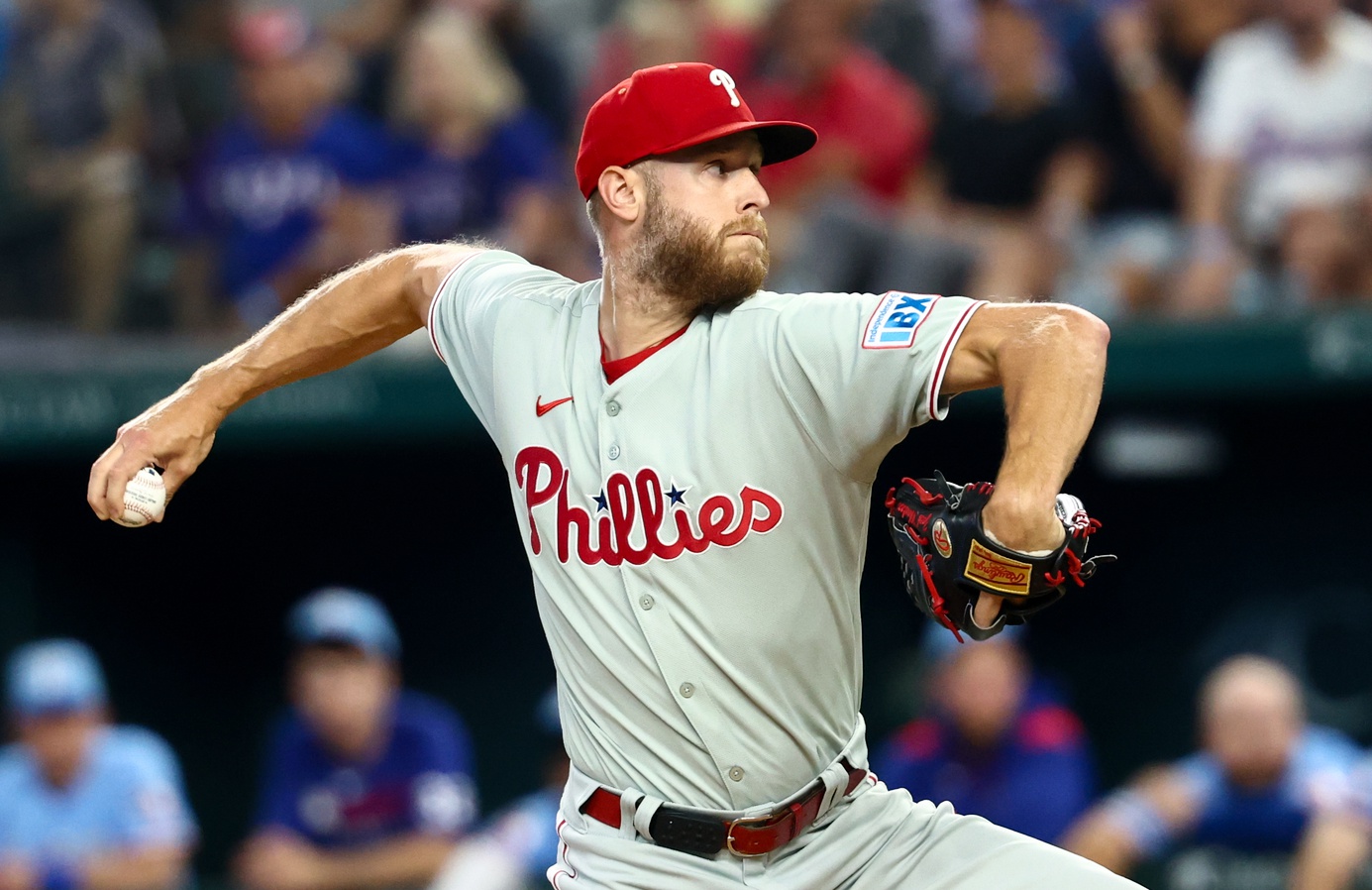 Aug 10, 2025; Arlington, Texas, USA; Philadelphia Phillies starting pitcher Zack Wheeler (45) throws during the first inning against the Texas Rangers at Globe Life Field. Mandatory Credit: Kevin Jairaj-Imagn Images