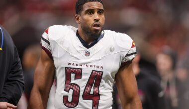 Sep 28, 2025; Atlanta, Georgia, USA; Washington Commanders linebacker Bobby Wagner (54) on the field during a game against the Atlanta Falcons at Mercedes-Benz Stadium.