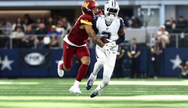 Oct 19, 2025; Arlington, Texas, USA; Dallas Cowboys wide receiver George Pickens (3) makes a reception defended by Washington Commanders cornerback Marshon Lattimore (2) during the second quarter of the game at AT&T Stadium.