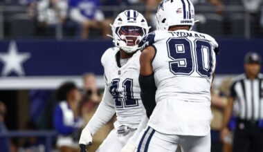 Oct 19, 2025; Arlington, Texas, USA; Dallas Cowboys defensive end Donovan Ezeiruaku (41) and defensive end Solomon Thomas (90) celebrate after a sack against the Washington Commanders during the fourth quarter of the game at AT&T Stadium.