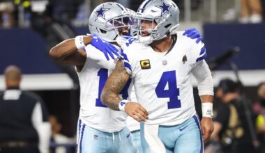 Nov 23, 2025; Arlington, Texas, USA; Dallas Cowboys quarterback Dak Prescott (4) celebrates a touchdown in the fourth quarter against the Philadelphia Eagles at AT&T Stadium.