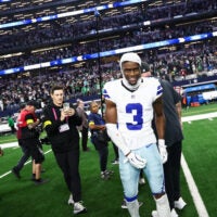 Nov 23, 2025; Arlington, Texas, USA; Dallas Cowboys wide receiver George Pickens (3) smiles after the game against the Philadelphia Eagles at AT&T Stadium.
