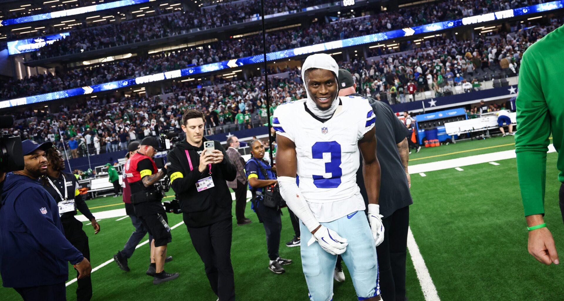Nov 23, 2025; Arlington, Texas, USA; Dallas Cowboys wide receiver George Pickens (3) smiles after the game against the Philadelphia Eagles at AT&T Stadium.