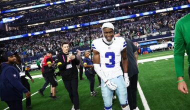 Nov 23, 2025; Arlington, Texas, USA; Dallas Cowboys wide receiver George Pickens (3) smiles after the game against the Philadelphia Eagles at AT&T Stadium.