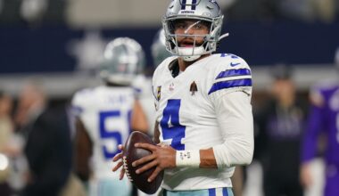 Dec 14, 2025; Arlington, Texas, USA; Dallas Cowboys quarterback Dak Prescott (4) warms up before a game against the Minnesota Vikings at AT&T Stadium.