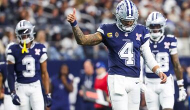 Dec 21, 2025; Arlington, Texas, USA; Dallas Cowboys quarterback Dak Prescott (4) signals towards the sideline following a play against the Los Angeles Chargers during the third quarter at AT&T Stadium.