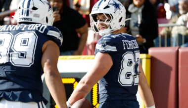 Dec 25, 2025; Landover, Maryland, USA; Dallas Cowboys tight end Jake Ferguson (87) celebrates after scoring a touchdown against the Washington Commanders in the first quarter at Northwest Stadium.