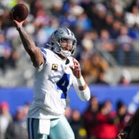 Jan 4, 2026; East Rutherford, New Jersey, USA; Dallas Cowboys quarterback Dak Prescott (4) throws a pass during the first quarter against the New York Giants at MetLife Stadium.