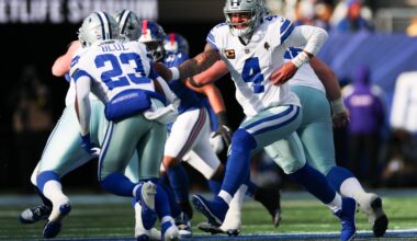 Jan 4, 2026; East Rutherford, New Jersey, USA; Dallas Cowboys quarterback Dak Prescott (4) hands the ball off to Dallas Cowboys running back Jaydon Blue (23) during the second quarter against the New York Giants at MetLife Stadium.