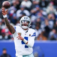 Jan 4, 2026; East Rutherford, New Jersey, USA; Dallas Cowboys quarterback Dak Prescott (4) throws a pass during the second quarter against the New York Giants at MetLife Stadium.