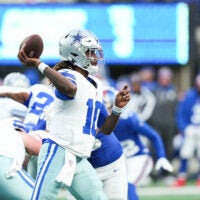 Jan 4, 2026; East Rutherford, New Jersey, USA; Dallas Cowboys quarterback Joe Milton III (10) throws a pass during the fourth quarter against the New York Giants at MetLife Stadium.
