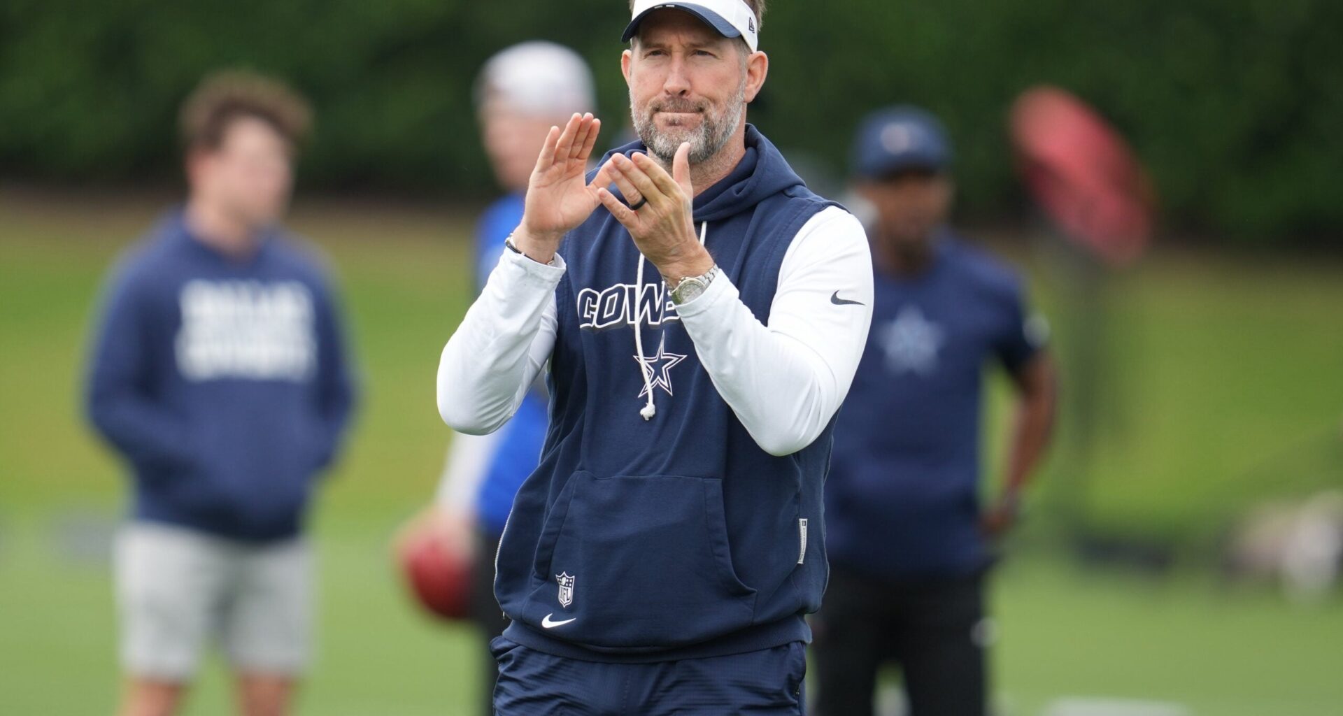 May 1, 2026; Frisco, TX, USA; Dallas Cowboys head coach Brian Schottenheimer on the field during practice at the Ford Center at the Star Training Facility in Frisco, Texas.