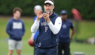 May 1, 2026; Frisco, TX, USA; Dallas Cowboys head coach Brian Schottenheimer on the field during practice at the Ford Center at the Star Training Facility in Frisco, Texas.