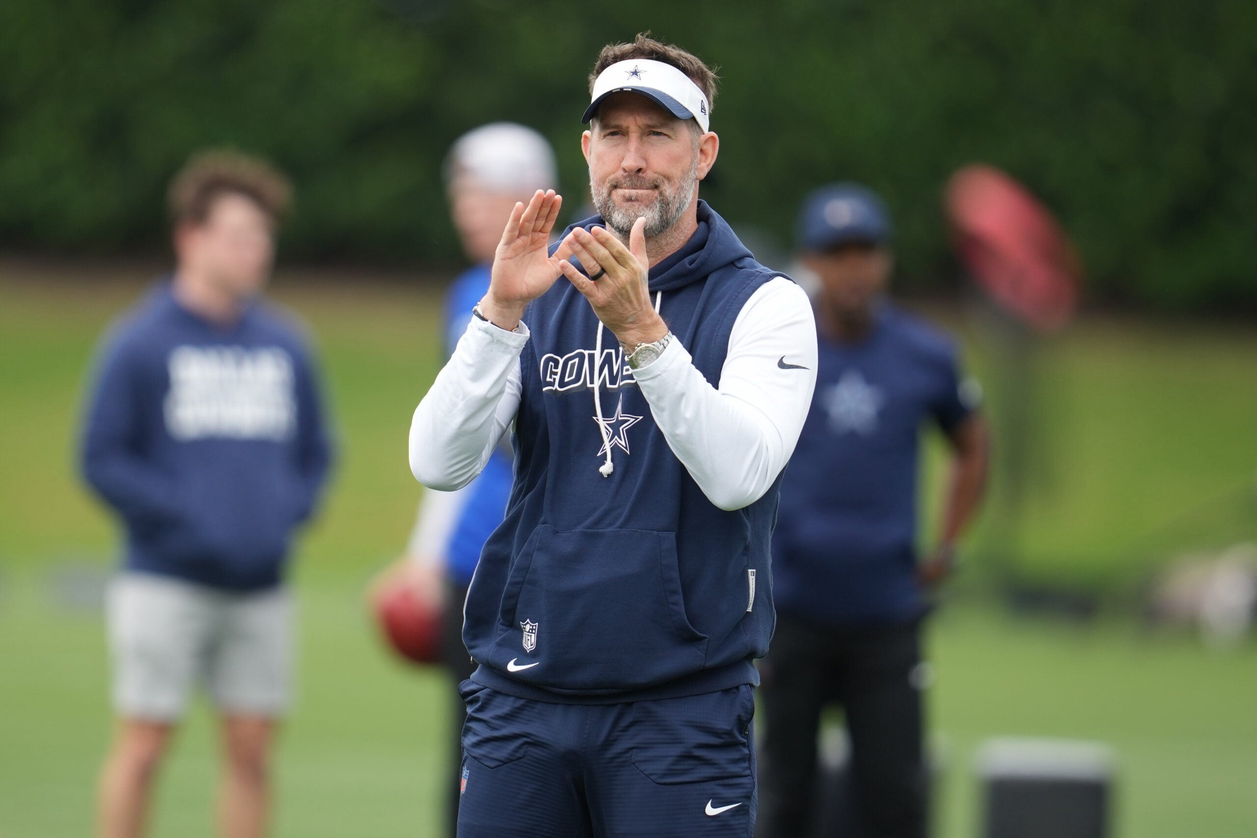 May 1, 2026; Frisco, TX, USA; Dallas Cowboys head coach Brian Schottenheimer on the field during practice at the Ford Center at the Star Training Facility in Frisco, Texas.