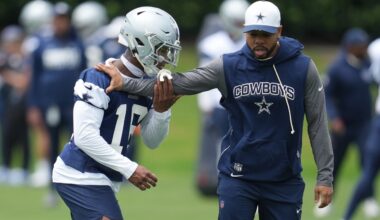 May 1, 2026; Frisco, TX, USA; Dallas Cowboys cornerback Caleb Downs (18) is coached through a drill with defensive coordinator Christian Parker at the Ford Center at the Star Training Facility in Frisco, Texas.