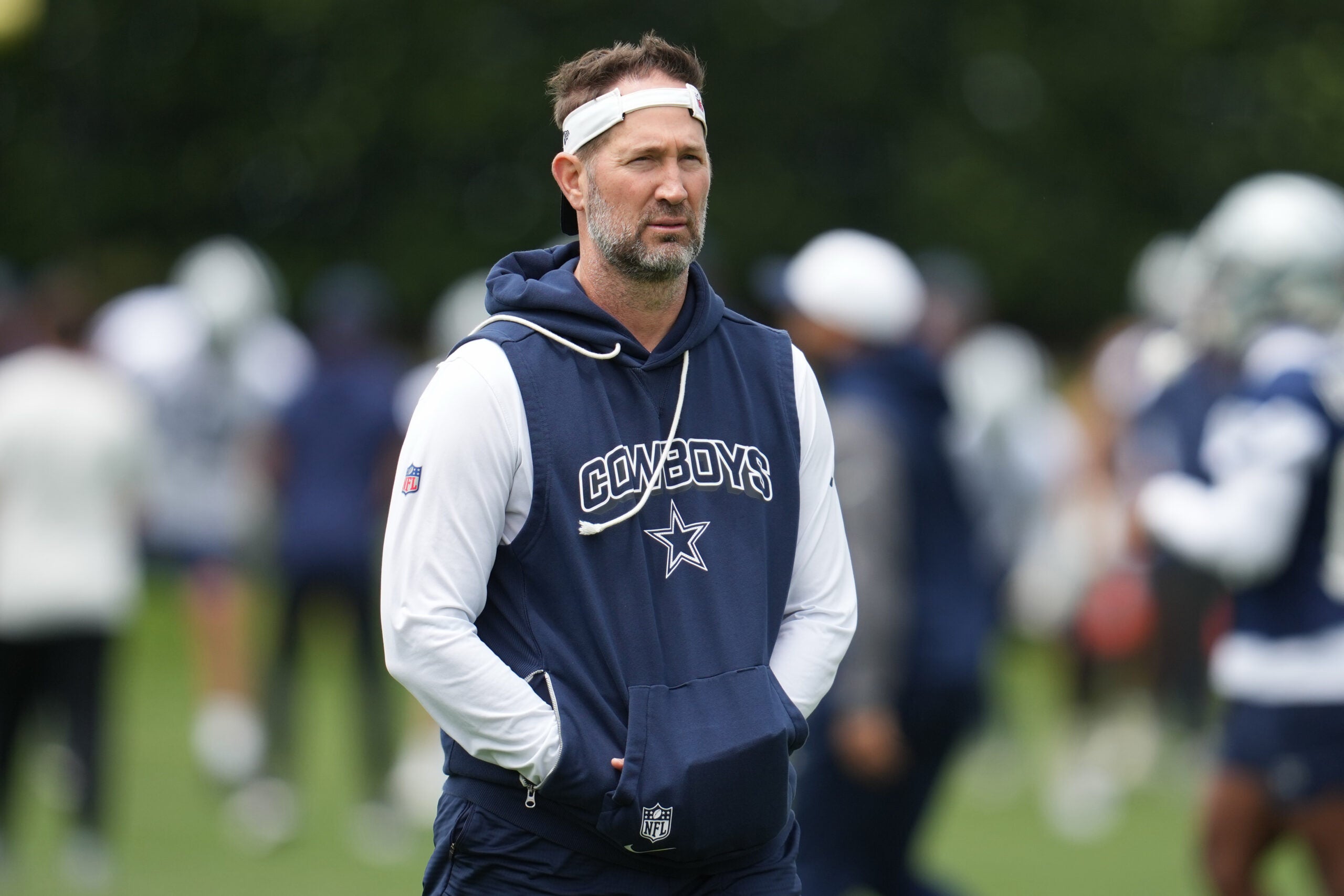 May 1, 2026; Frisco, TX, USA; Dallas Cowboys head coach Brian Schottenheimer on the field during practice at the Ford Center at the Star Training Facility in Frisco, Texas.