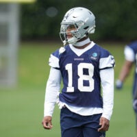 May 1, 2026; Frisco, TX, USA; Dallas Cowboys cornerback Caleb Downs (18) on the field during practice at the Ford Center at the Star Training Facility in Frisco, Texas.