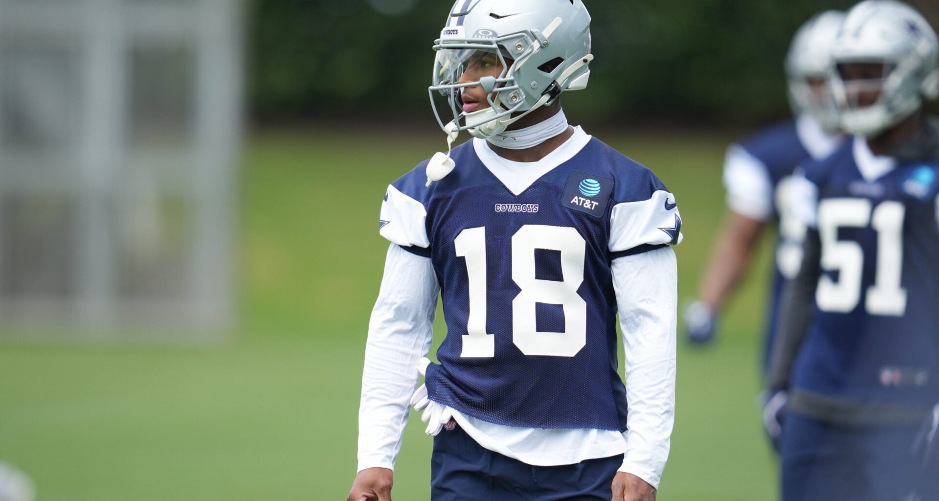 May 1, 2026; Frisco, TX, USA; Dallas Cowboys cornerback Caleb Downs (18) on the field during practice at the Ford Center at the Star Training Facility in Frisco, Texas.