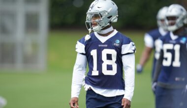 May 1, 2026; Frisco, TX, USA; Dallas Cowboys cornerback Caleb Downs (18) on the field during practice at the Ford Center at the Star Training Facility in Frisco, Texas.