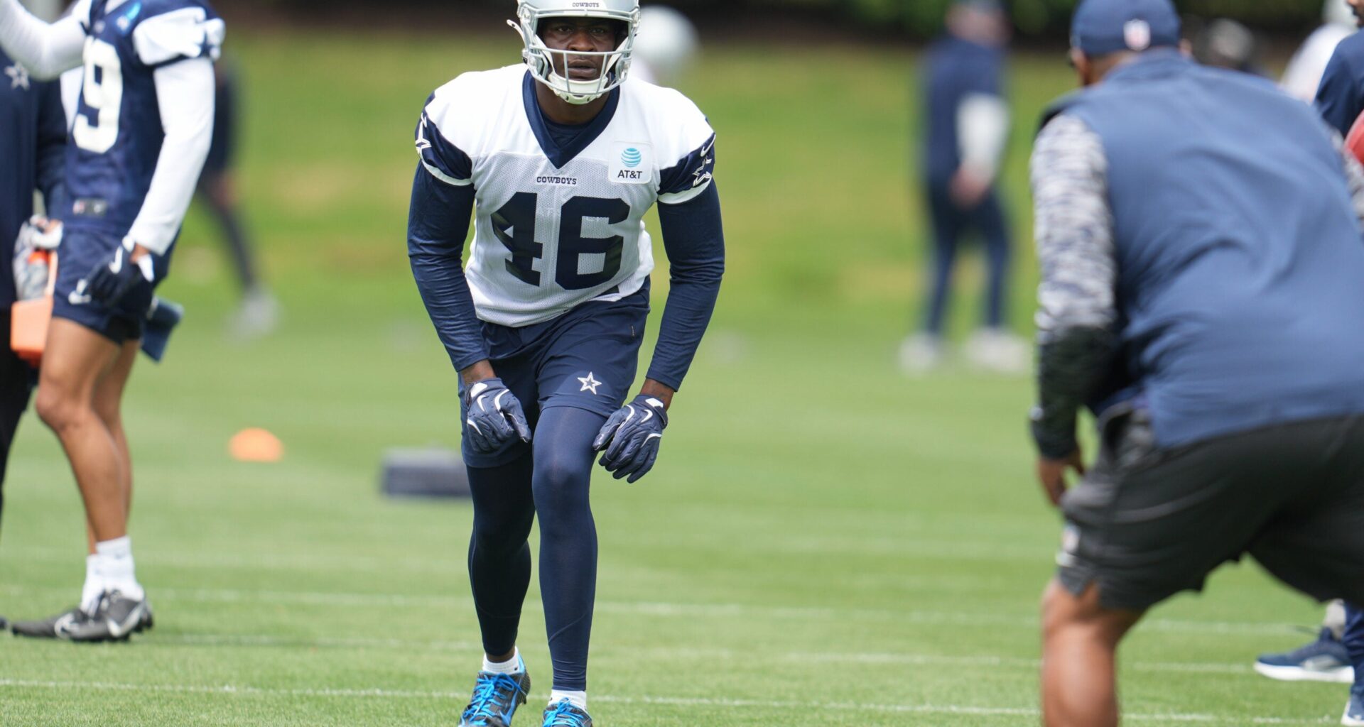 May 1, 2026; Frisco, TX, USA; Dallas Cowboys tight end Michael Trigg (46) goes through a drill during practice at the Ford Center at the Star Training Facility in Frisco, Texas.