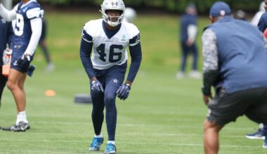 May 1, 2026; Frisco, TX, USA; Dallas Cowboys tight end Michael Trigg (46) goes through a drill during practice at the Ford Center at the Star Training Facility in Frisco, Texas.