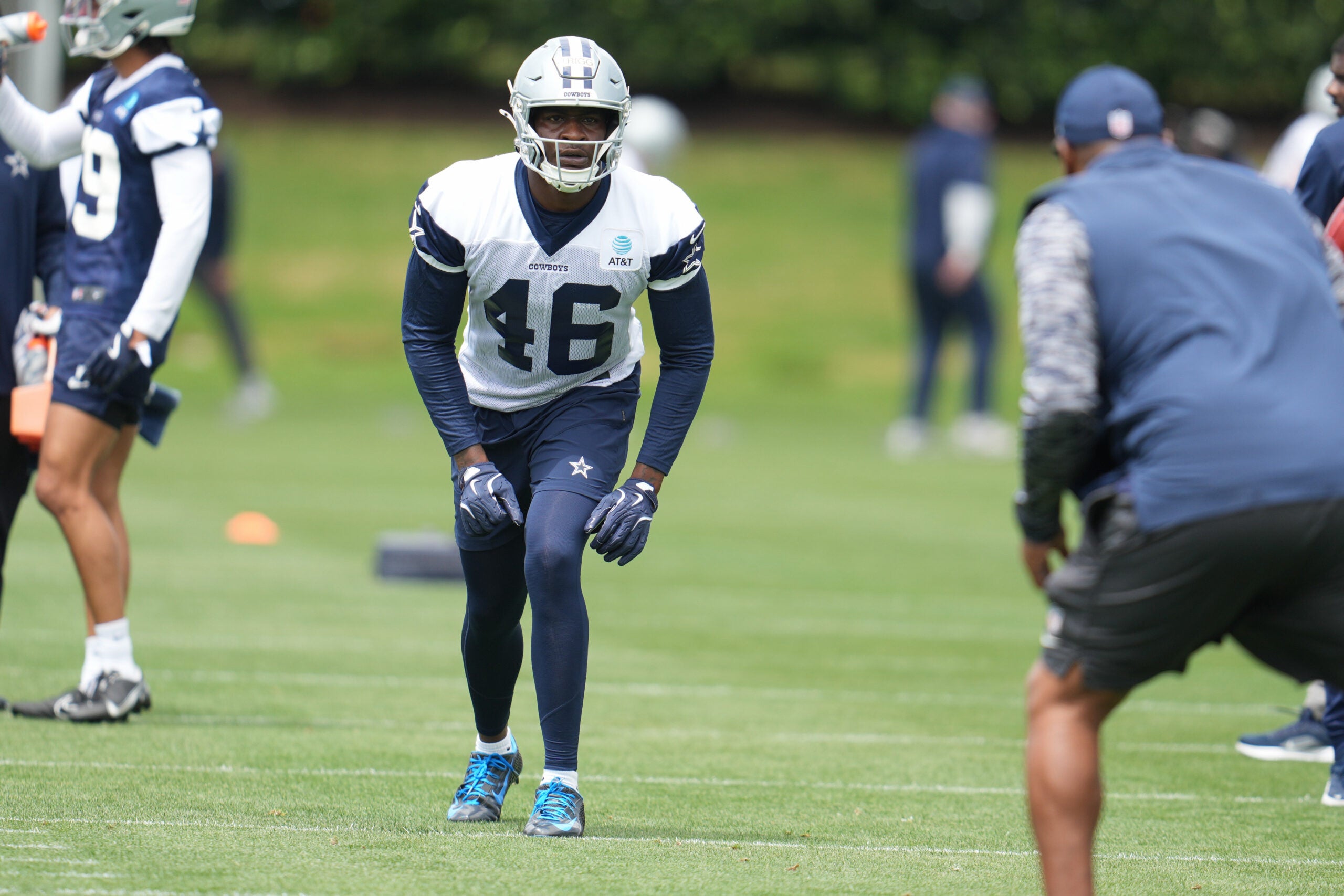May 1, 2026; Frisco, TX, USA; Dallas Cowboys tight end Michael Trigg (46) goes through a drill during practice at the Ford Center at the Star Training Facility in Frisco, Texas.
