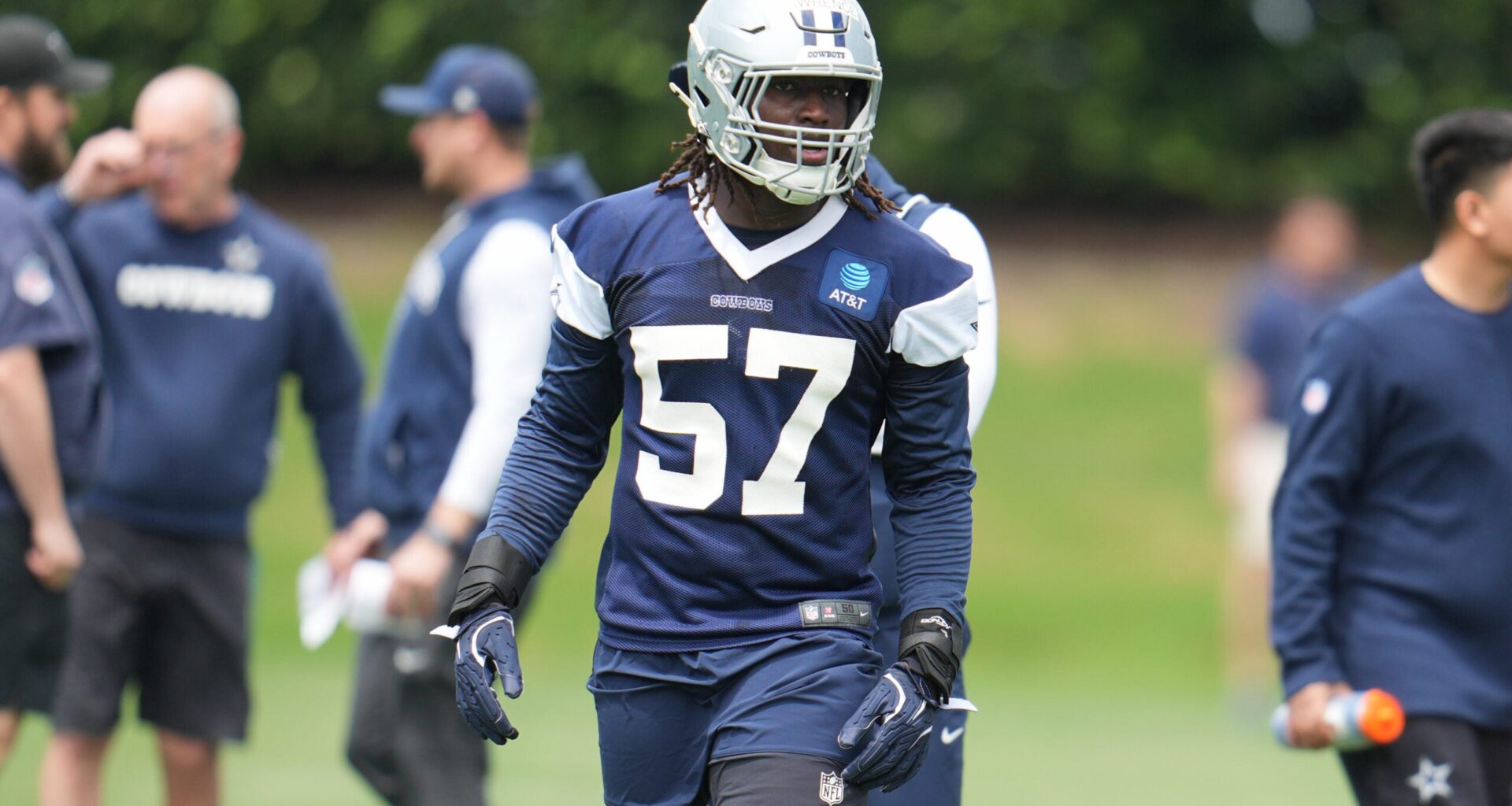May 1, 2026; Frisco, TX, USA; Dallas Cowboys linebacker Malachi Lawrence (57) goes through a drill during practice at the Ford Center at the Star Training Facility in Frisco, Texas.