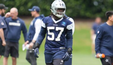 May 1, 2026; Frisco, TX, USA; Dallas Cowboys linebacker Malachi Lawrence (57) goes through a drill during practice at the Ford Center at the Star Training Facility in Frisco, Texas.