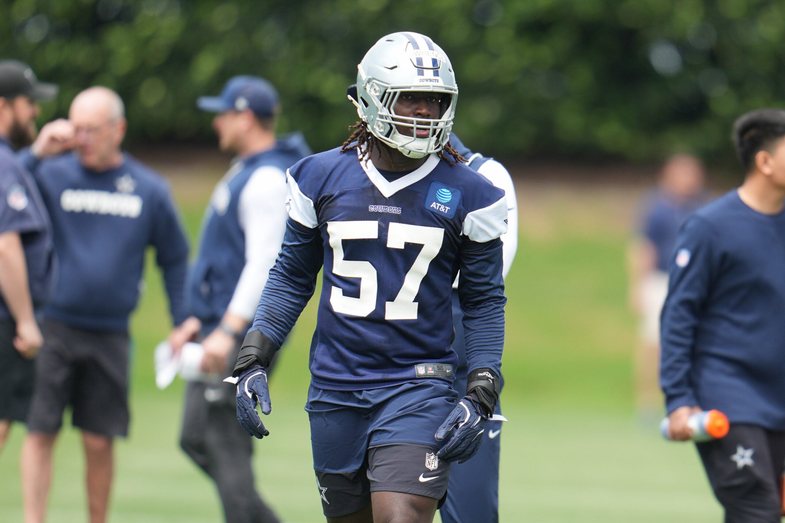 May 1, 2026; Frisco, TX, USA; Dallas Cowboys linebacker Malachi Lawrence (57) goes through a drill during practice at the Ford Center at the Star Training Facility in Frisco, Texas.